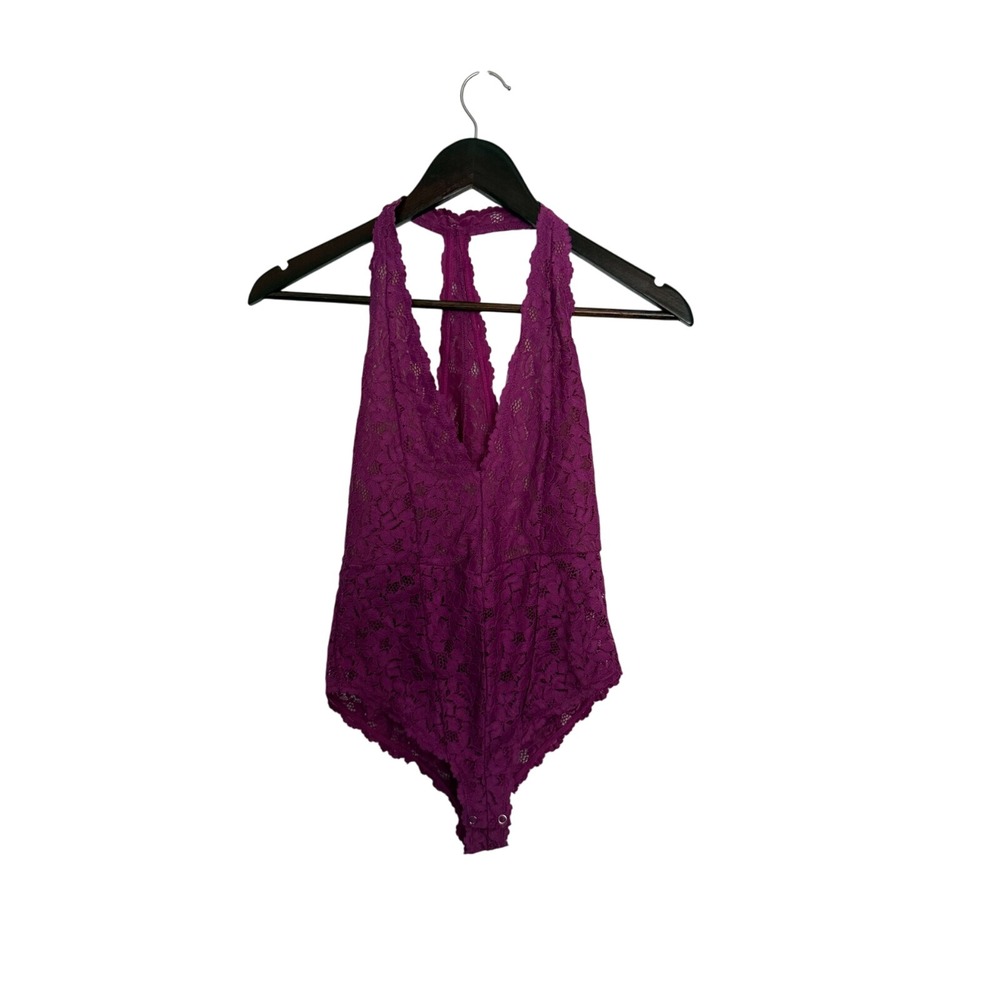 Free People Intimately FP Lace Bodysuit Plunge Halter Neck Purple S